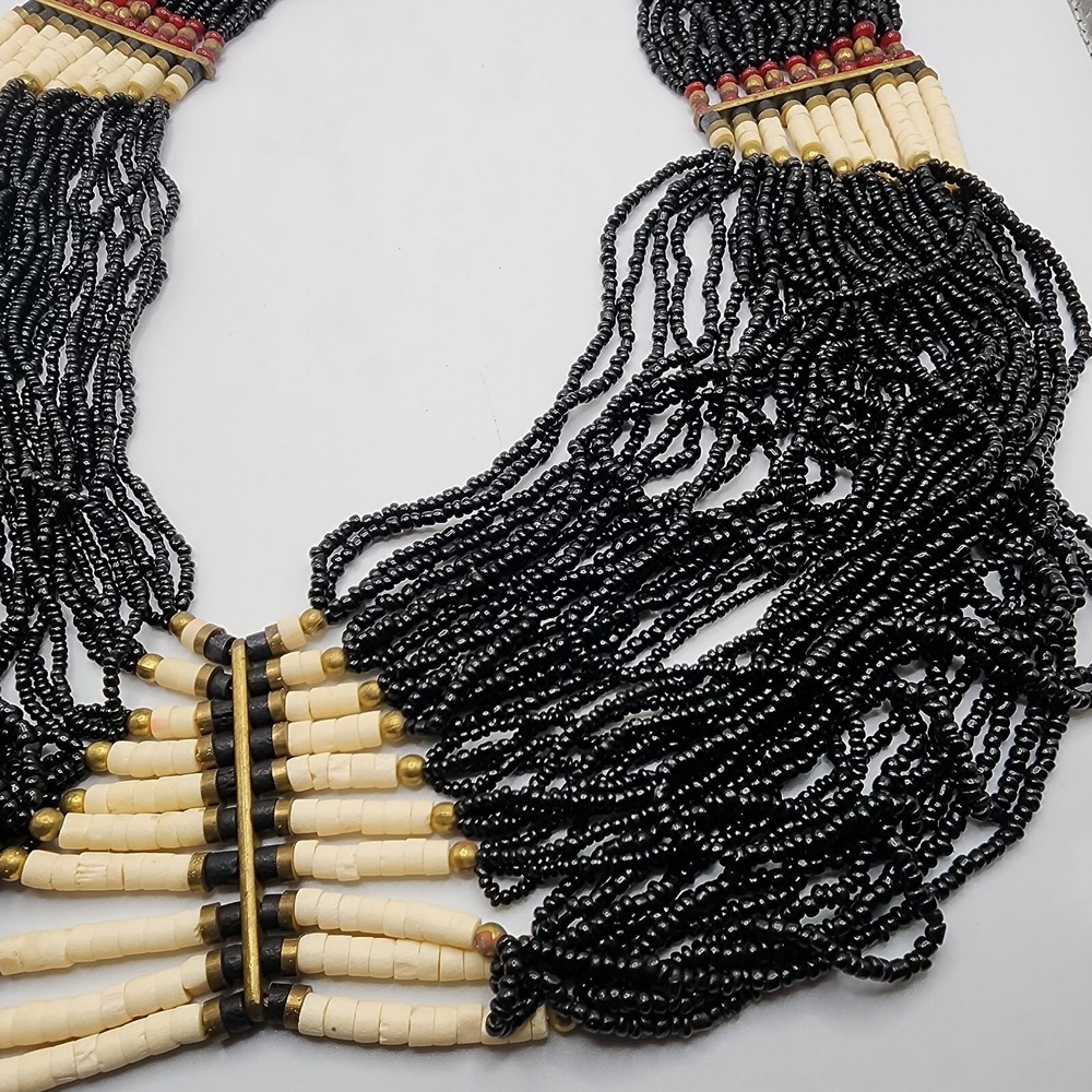 Vintage Boho Tribal Ethnic Black Glass Seed Bead Waterfall Layered Bib Necklace - Picture 11 of 16